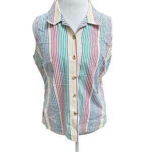 Vintage Talbots Sleeveless Button Down Shirt Rainbow Striped Seersucker Large